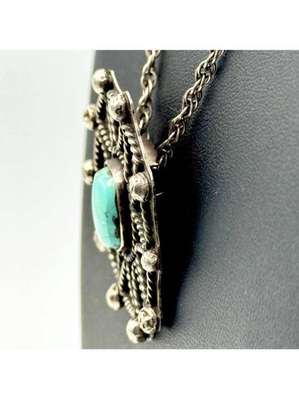 Southwestern Sterling Turquoise Spider Web Pendant Necklace Vintage 32g 28" - Picture 3 of 16